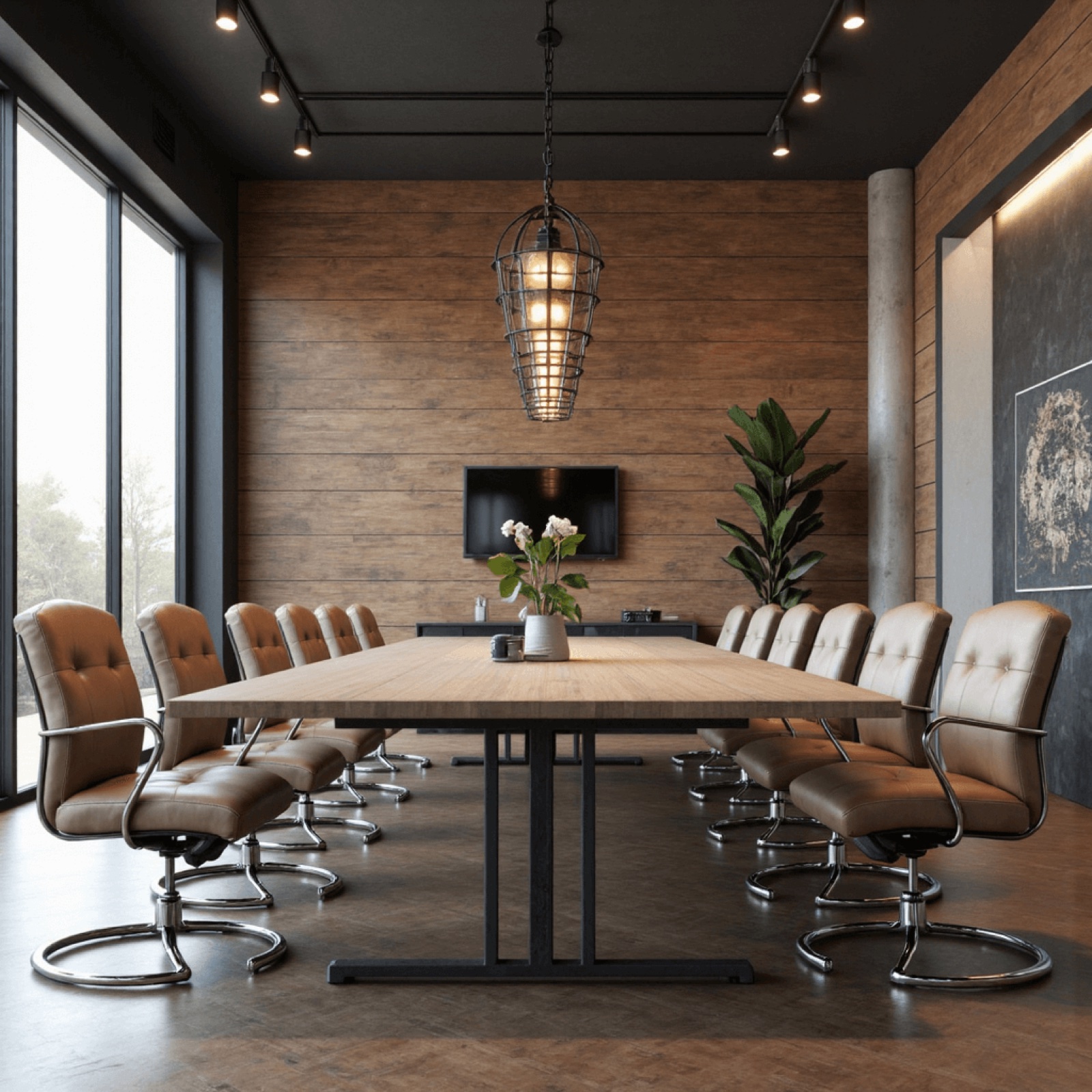 A conference room with a long table, wood-panelled walls and floor to ceiling windows
